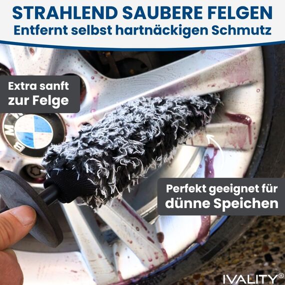 Ivality® Mikrofaser Felgenbürste extra dünn - Schonende Reinigung bis tief ins Felgenbett - Microfaser Felgenbürste Alufelgen Felgenreiniger Felgen Reinigung Auto Felgen Bürste 100% kratzfrei