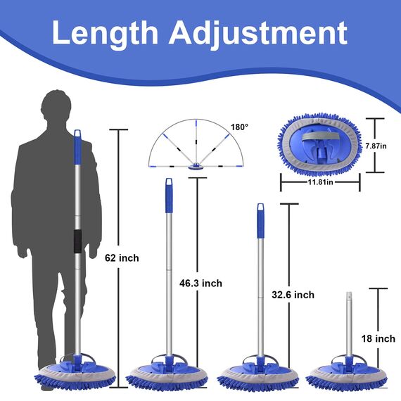 Autowaschbürste Waschbürste Auto mit Teleskopstiel 160CM Autowaschmopp Langer Griff Multifunktionale Reinigungsbürste Auto für KFZ, Wohnmobil, LKW, Fenster (180°Schwenkkopf) (Blau)