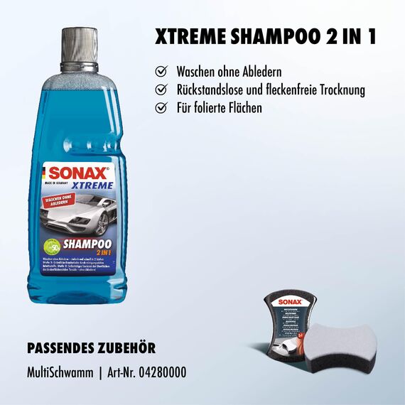 SONAX XTREME Shampoo 2 in 1 (1 Liter) Autoshampoo Konzentrat ohne Abledern zur Reinigung lackierter Oberflächen, Metall, Glas, Kunststoff & Gummi | Art-Nr. 02153000