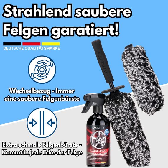 Ivality Auto Reinigungsset 4-in-1 mit 1800 GSM Mikrofaser Trockentuch 50x80 cm, Felgenreiniger 500 ml, Felgenbürste & 3-in-1 Waschhandschuh - Komplett Autopflege & Waschen Zubehör Set
