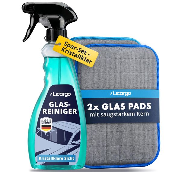 LICARGO® Scheiben Set Pads - 2X Glas & Scheiben Pads + Glasreiniger (750ml) - für streifenfreie Scheiben - kraftvoller Auto Scheibenreiniger innen und außen