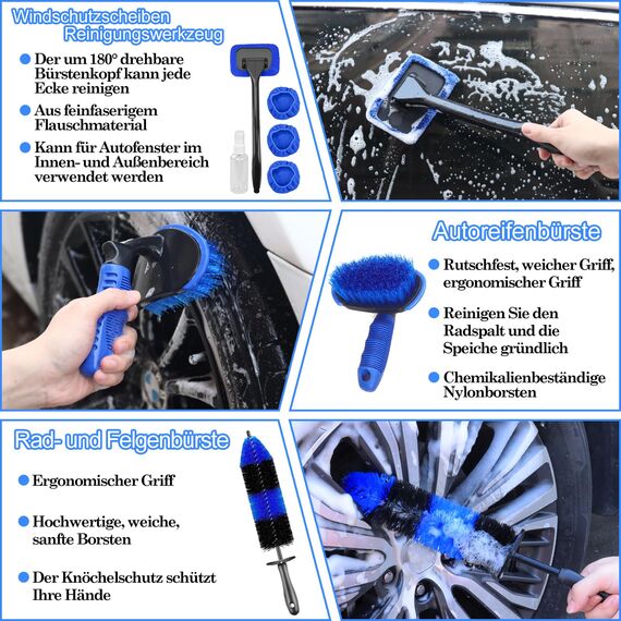 26 teiliges Auto reinigungsset,Auto Waschen Pflegebürsten Set Innenraum Pflegeset, Auto Reinigungsset Windschutzscheiben Reinigungswerkzeug, professionelles Autopflegeset waschbürsten Set für Innen