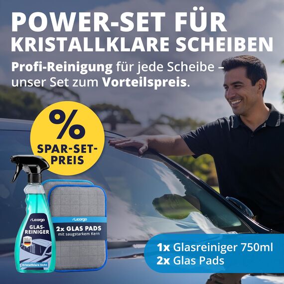LICARGO® Scheiben Set Pads - 2X Glas & Scheiben Pads + Glasreiniger (750ml) - für streifenfreie Scheiben - kraftvoller Auto Scheibenreiniger innen und außen