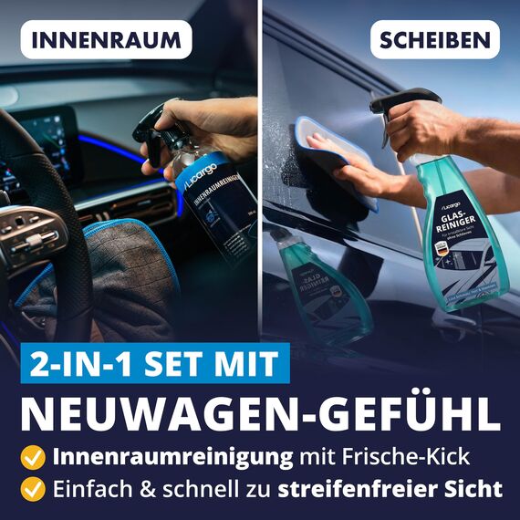 LICARGO Innenraum & Scheiben Set Pads - 2X Glas & Scheiben Pads - 1x hochwertiger Glasreiniger (750ml) - 1x Premium Innenraumreiniger (500ml) - 6x Lackschonende Mikrofasertücher mit 380 GSM