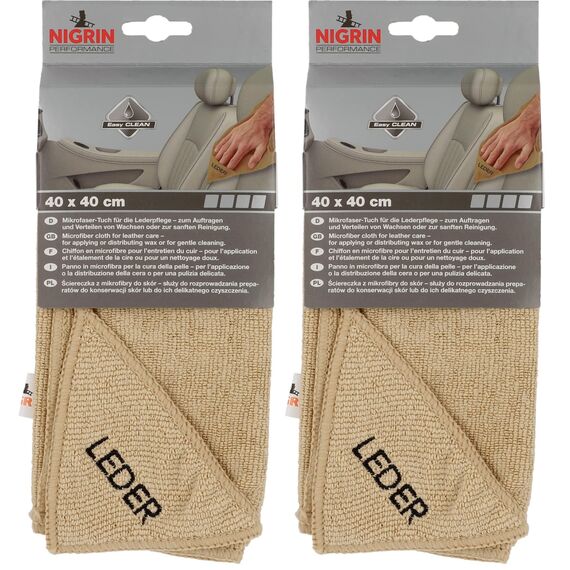 NIGRIN Mikrofaser-Tuch Leder, schonende Reinigung und Pflege, extrem weich und garantiert fusselfrei, Auto Microfasertuch Lederpflege, 40x40 cm (Packung mit 2)