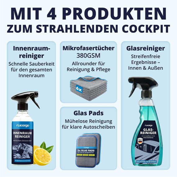 LICARGO Innenraum & Scheiben Set Pads - 2X Glas & Scheiben Pads - 1x hochwertiger Glasreiniger (750ml) - 1x Premium Innenraumreiniger (500ml) - 6x Lackschonende Mikrofasertücher mit 380 GSM