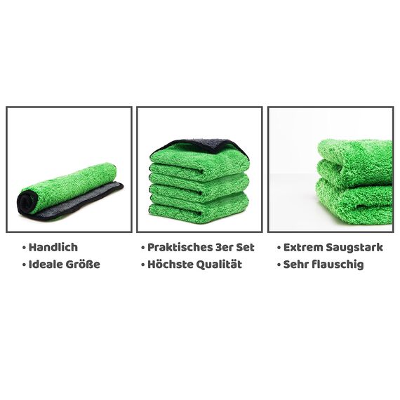 Mikrofasertücher Auto 3 Stück 800 GSM Poliertuch für Autopflege und Haushalt | Microfaser Trockentuch extrem saugstark, fusselfrei und schonend weich Polieren - 30 x 30 cm (3PCS) (Grün, 3 Stück)