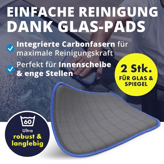 LICARGO Innenraum & Scheiben Set Pads - 2X Glas & Scheiben Pads - 1x hochwertiger Glasreiniger (750ml) - 1x Premium Innenraumreiniger (500ml) - 6x Lackschonende Mikrofasertücher mit 380 GSM
