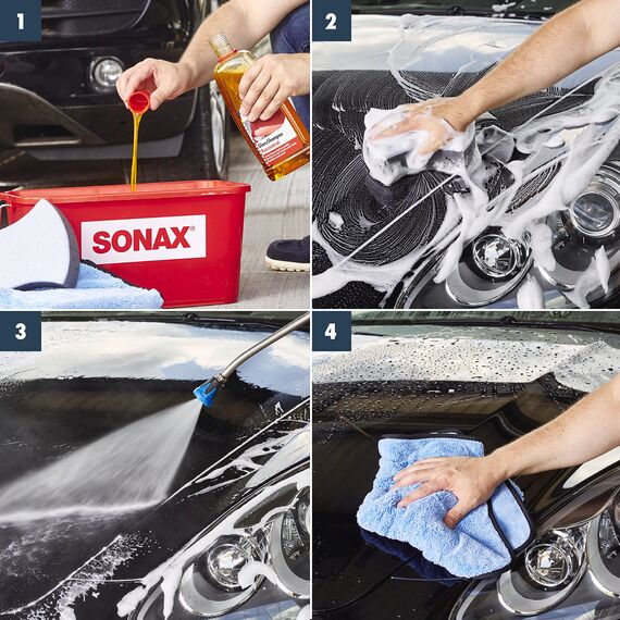 SONAX GlanzShampoo Konzentrat (500 ml) durchdringt und löst Schmutz gründlich, ohne Angreifen der Wachs-Schutzschicht | Art-Nr. 03142000