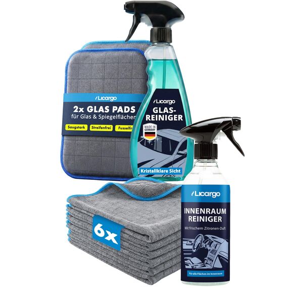 LICARGO Innenraum & Scheiben Set Pads - 2X Glas & Scheiben Pads - 1x hochwertiger Glasreiniger (750ml) - 1x Premium Innenraumreiniger (500ml) - 6x Lackschonende Mikrofasertücher mit 380 GSM