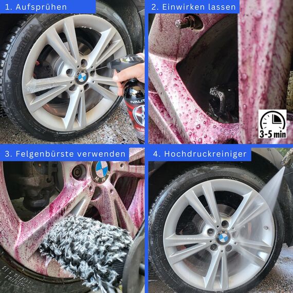 Ivality Auto Reinigungsset 4-in-1 mit 1800 GSM Mikrofaser Trockentuch 50x80 cm, Felgenreiniger 500 ml, Felgenbürste & 3-in-1 Waschhandschuh - Komplett Autopflege & Waschen Zubehör Set
