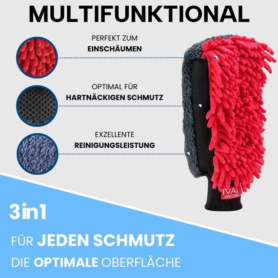 Ivality® 3in1 Auto Waschhandschuh 3in1 + Mikrofaser 1800 GSM Trockentuch 80x50cm – Lackschonend & Saugstark - Kratzfreier Autoschwamm Kfz & tuch Für Auto Waschen , Felgenreiniger & Insekten entferner