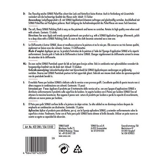 SONAX PolierVliesTücher (15 Stück) in flauschig-weicher Qualität für EIN glänzendes Lackergebnis, Art-Nr. 04222000 (Packung mit 2)