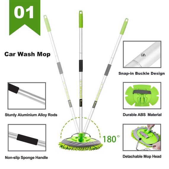 GreatCool 160CM Autowaschbürste Waschbürste Auto mit Langer Griff, 2 in 1 Mikrofaser Chenille Autowaschmopp Waschhandschuh Reinigungsbürste für Auto RV Trucks Wohnwagen Wohnmobil