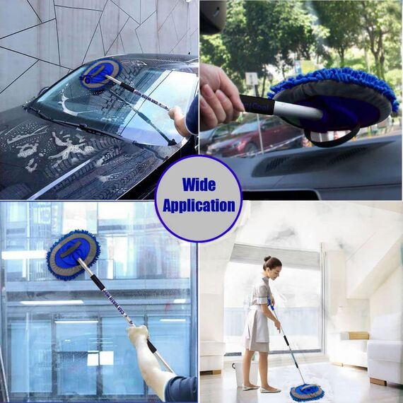 GreatCool 160CM Autowaschbürste Waschbürste Auto mit Langer Griff,2 in 1 Blau Mikrofaser Chenille Autowaschmopp Waschhandschuh Reinigungsbürste für Autos,Lastwagen,Wohnmobile（2 x Moppkopf）