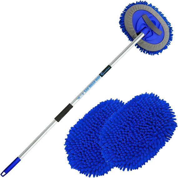 GreatCool 160CM Autowaschbürste Waschbürste Auto mit Langer Griff,2 in 1 Blau Mikrofaser Chenille Autowaschmopp Waschhandschuh Reinigungsbürste für Autos,Lastwagen,Wohnmobile（2 x Moppkopf）