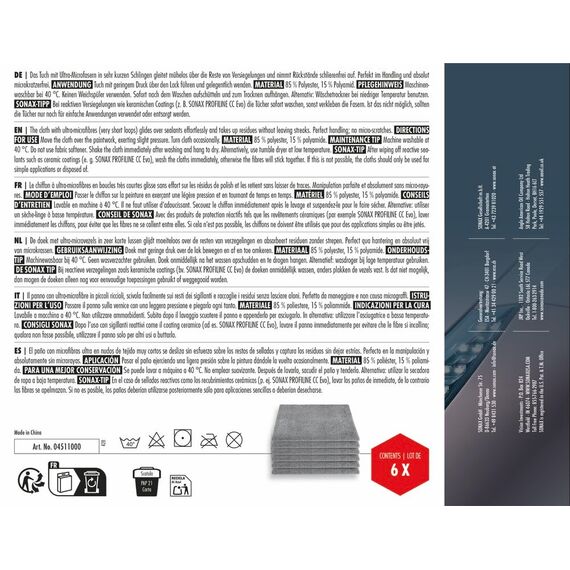 SONAX Coating Towel (6 Stück) weiches Mikrofasertuch zur sanften Entfernung von Politur- oder Versiegelungsrückständen Art-Nr. 04511000 Weiß