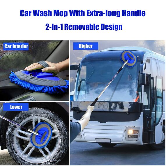 GreatCool 160CM Autowaschbürste Waschbürste Auto mit Langer Griff,2 in 1 Blau Mikrofaser Chenille Autowaschmopp Waschhandschuh Reinigungsbürste für Autos,Lastwagen,Wohnmobile（2 x Moppkopf）