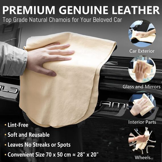 Airlab Auto Ledertuch Fensterleder Echt Leder 70x50 cm, Premium Autoleder Trockentuch für Autopflege, Streifenfrei & Ultra Saugfähig
