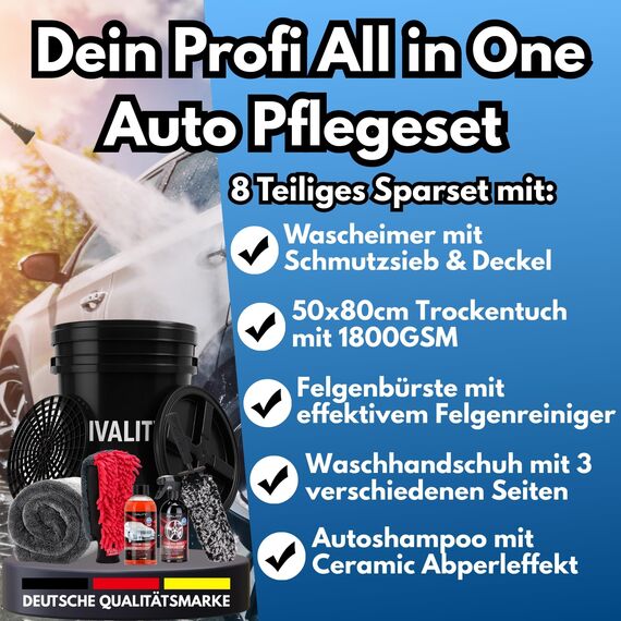 Ivality 8-teiliges Auto waschen set für optimale Handwäsche mit 20L Wascheimer, Deckel & Schmutzsieb, Mikrofasertücher, Waschhandschuh, Autoshampoo, Felgenbürste und Felgenreiniger für Autopflege
