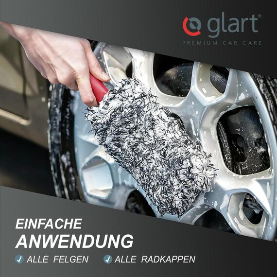 Glart 44FB2 Premium Mikrofaser Auto Felgenbürste mit abnehmbarem Bezug für teure Felgen - Autopflege für Alufelgen, Anwendung vor Reifenglanz. Von Felgenbett bis Speichen