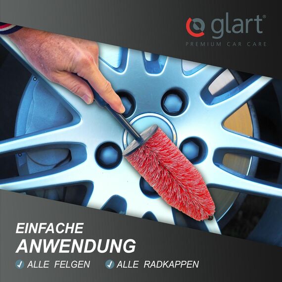 Glart 44FB Auto Felgenbürste für Alufelgen, Stahlfelgen, Reinigung & Autopflege von Felge wie Felgenreiniger und Felgenteufel ohne Mikrofasertuch, Anwend. VOR Reifenglanz und Felgenversiegelung