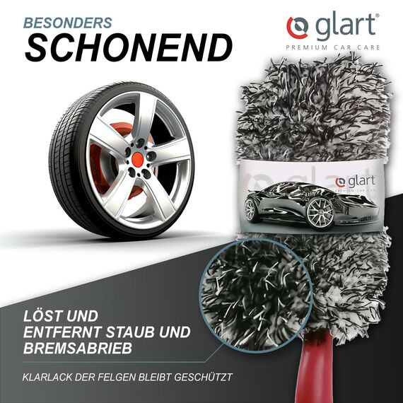 Glart 44FB2 Premium Mikrofaser Auto Felgenbürste mit abnehmbarem Bezug für teure Felgen - Autopflege für Alufelgen, Anwendung vor Reifenglanz. Von Felgenbett bis Speichen