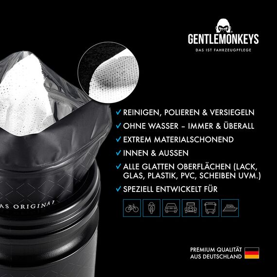 GENTLEMONKEYS Profi Autopflege Set für innen & außen • Reinigen, polieren & versiegeln • Auto Reinigungstücher für Waschen ohne Wasser • 65 Nasstücher + 2 Microfasertücher