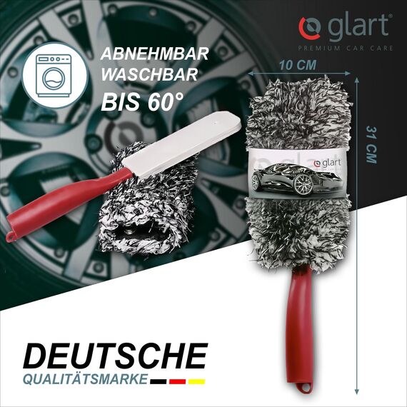Glart 44FB2 Premium Mikrofaser Auto Felgenbürste mit abnehmbarem Bezug für teure Felgen - Autopflege für Alufelgen, Anwendung vor Reifenglanz. Von Felgenbett bis Speichen