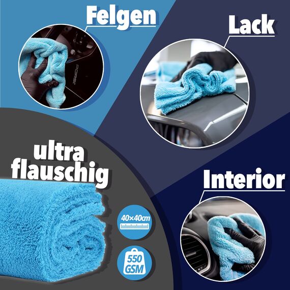 detailmate 10er Set Microfasertuch Ultra weich | Autopflege Zubehör - außen & innen | Lack Politur & Pflege, Innenraum, Felgen | Microfasertuch 40x40cm, 550 GSM - randlos & fusselfrei, ohne Kratzer