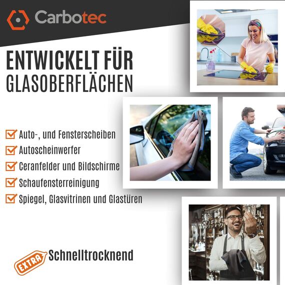 CARBOTEC® 8X Premium Carbon Mikrofaser Glastücher - Professionelle Reinigung fusselfrei & streifenfrei für Glas/Spiegel/Fenster/Autoscheibe - Mikrofasertücher/Waffeltuch mit Carbonfaser (Tuch 400gsm2)