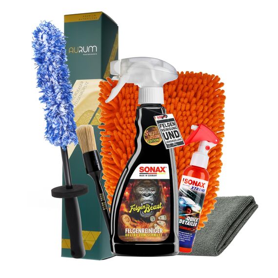 Felgenreinigung & Versiegelung Set | Sonax Felgenbeast Felgenreiniger 500ml Sonderedition + Aurum Performance Felgenbürste + Sonax Xtreme Ceramic Quick Detailer 140ml + Felgenpinsel + Waschhandschuh