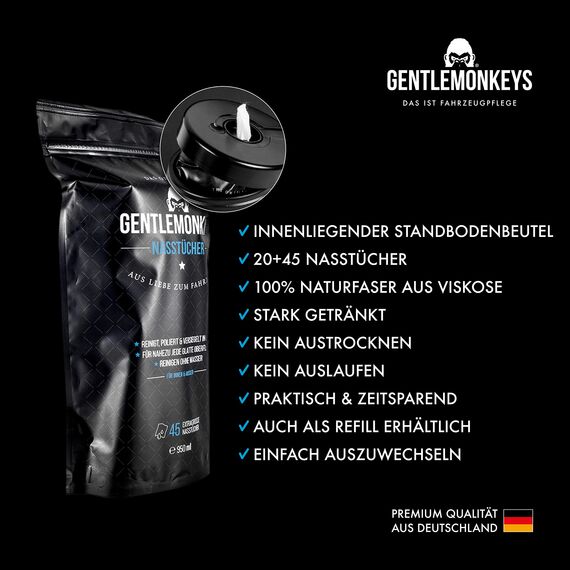 GENTLEMONKEYS Profi Autopflege Set für innen & außen • Reinigen, polieren & versiegeln • Auto Reinigungstücher für Waschen ohne Wasser • 65 Nasstücher + 2 Microfasertücher