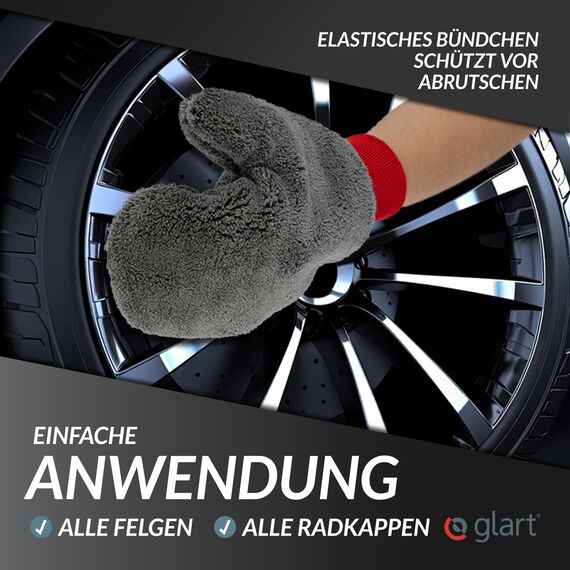 Glart 44FH Mikrofaser Felgenhandschuh 27x12 cm – Auto Felgen Waschhandschuh mit Bündchen – Felgenreinigung ohne Kratzer – Für Alufelgen und Stahlfelgen, Radkappen – Ersatz zur Felgenbürste