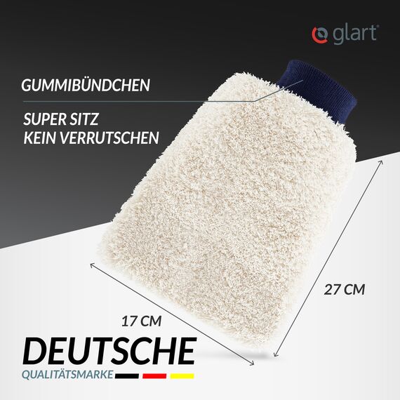 Glart 44WH3 Mikrofaser Auto Waschhandschuh 3er Set – Autowaschhandschuh für Autopflege, Handwäsche, Felgen, Fenster, Motorrad – saugstark, fusselfrei, kratzfrei – mit Gummibündchen, weich, flauschig