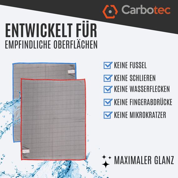 CARBOTEC® 8X Premium Carbon Mikrofaser Glastücher - Professionelle Reinigung fusselfrei & streifenfrei für Glas/Spiegel/Fenster/Autoscheibe - Mikrofasertücher/Waffeltuch mit Carbonfaser (Tuch 400gsm2)