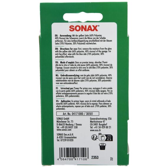 SONAX ScheibenSchwamm (1 Stück) nimmt Nässe mit einem Wisch auf und hinterlässt einen dünnen Film mit Antibeschlagwirkung | Art-Nr. 04171000 (Packung mit 2)
