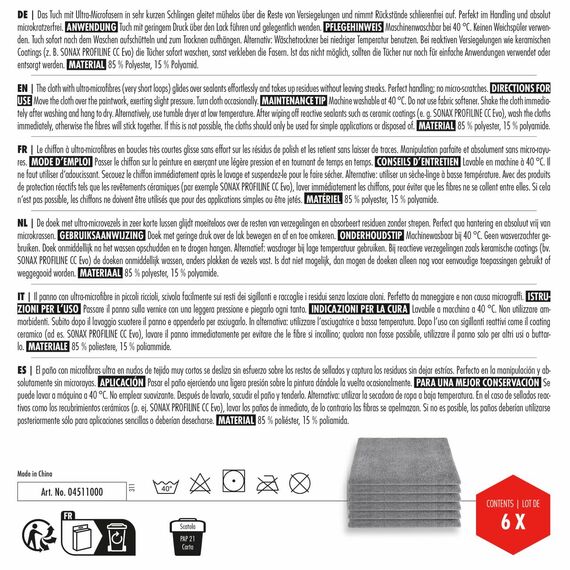 SONAX Coating Towel (6 Stück) weiches Mikrofasertuch zur sanften Entfernung von Politur- oder Versiegelungsrückständen Art-Nr. 04511000 Weiß