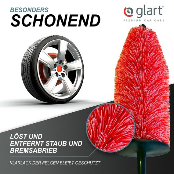 Glart 44FB Auto Felgenbürste für Alufelgen, Stahlfelgen, Reinigung & Autopflege von Felge wie Felgenreiniger und Felgenteufel ohne Mikrofasertuch, Anwend. VOR Reifenglanz und Felgenversiegelung