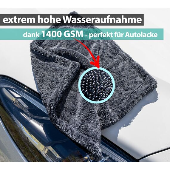 Kemes Mikrofasertücher Auto XXL Ultra saugstark mit 1400 GSM Heavyweight Grau 40x40cm Premium Microfaser Trockentuch Kratzfrei | 5-Fach Saugstark Poliertuch für Autopflege und Motorrad