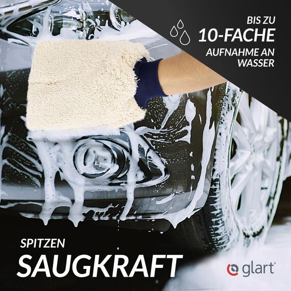 Glart 44WH3 Mikrofaser Auto Waschhandschuh 3er Set – Autowaschhandschuh für Autopflege, Handwäsche, Felgen, Fenster, Motorrad – saugstark, fusselfrei, kratzfrei – mit Gummibündchen, weich, flauschig