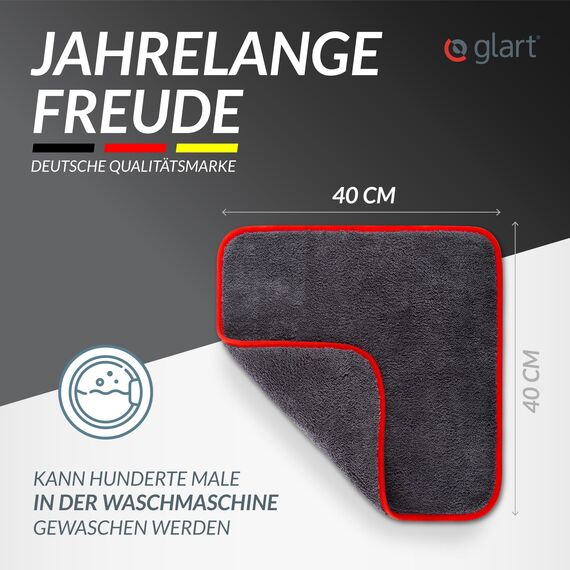 Glart 44TP Auto Mikrofasertuch 40x40 cm – 600 GSM – Kfz Trockentuch für Auto & Haushalt – saugstark, weich, randvernäht – Für Lack, Glas, Kunststoff – Polieren, Trocknen, Reinigen