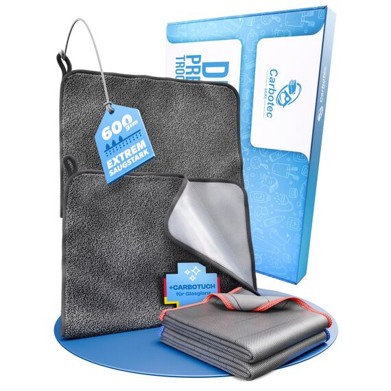 CARBOTEC® Mikrofasertücher 4erBundle – 2xTrockentuch Dusche & Bad, streifenfreies Mikrofaser Handtuch für Duschkabine & 2X Carbonfaser Glasreinigungstücher als Poliertuch, Fast Dry