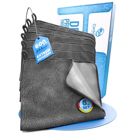 CARBOTEC® Mikrofasertücher 6er-Set – Trockentuch Dusche & Bad, streifenfreies Mikrofaser Handtuch für Duschkabine, Glas & Armaturen – Auto Trockentuch, Fensterputztuch & Poliertuch, Fast. Dry