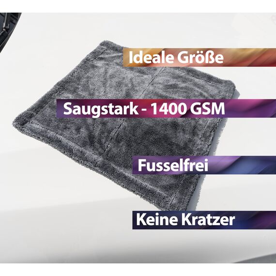 Kemes Mikrofasertücher Auto XXL Ultra saugstark mit 1400 GSM Heavyweight Grau 40x40cm Premium Microfaser Trockentuch Kratzfrei | 5-Fach Saugstark Poliertuch für Autopflege und Motorrad