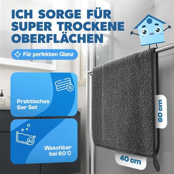 CARBOTEC® Mikrofasertücher 6er-Set – Trockentuch Dusche & Bad, streifenfreies Mikrofaser Handtuch für Duschkabine, Glas & Armaturen – Auto Trockentuch, Fensterputztuch & Poliertuch, Fast. Dry