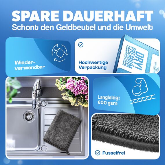 CARBOTEC® Mikrofasertücher 4er-Set – Trockentuch Dusche & Bad, streifenfreies Mikrofaser Handtuch für Duschkabine, Glas & Armaturen – Auto Trockentuch, Fensterputztuch & Poliertuch, Fast Dry