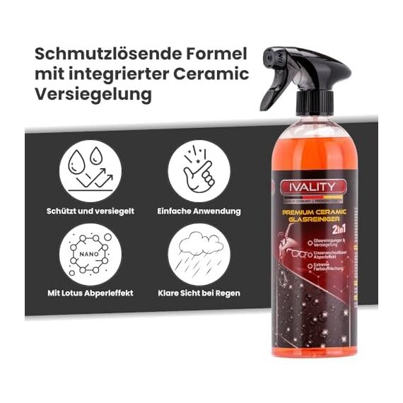 IVALITY® 2in1 Glasreiniger Auto mit Scheibenversiegelung 750ml – Auto Scheibenreiniger mit Lotus-Effekt, Nano-Beschichtung, wasser- & schmutzabweisendes Autoscheiben Reiniger Spray