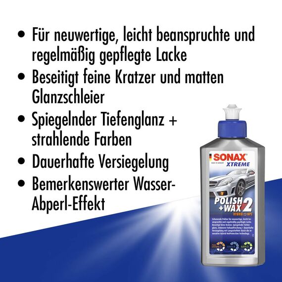 SONAX XTREME Polish+Wax 2 Hybrid NPT (250 ml) schonende Politur mit mittlerer Wirkung für regelmäßig gepflegte Lacke | Art-Nr. 02071000