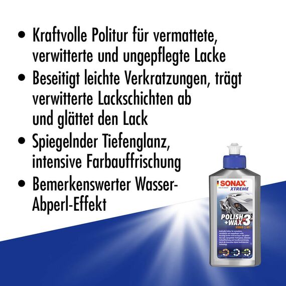 SONAX XTREME Polish+Wax 3 (250 ml) kraftvolle Politur für matte, verwitterte und ungepflegte Lacke | Art-Nr. 02021000